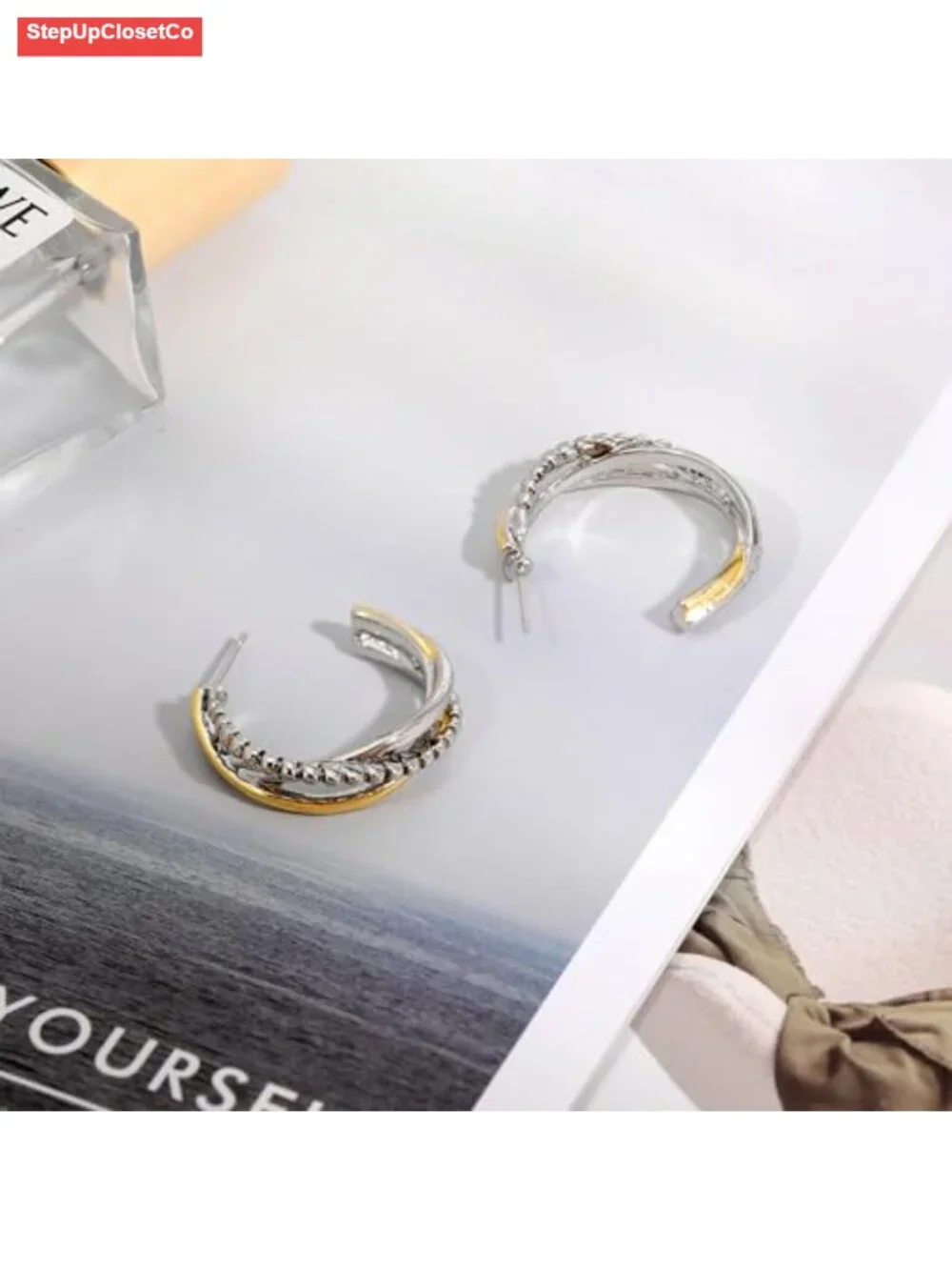 Mytys Two-Tone Triple Band Hoop Earrings Gold Silver Plated Textured